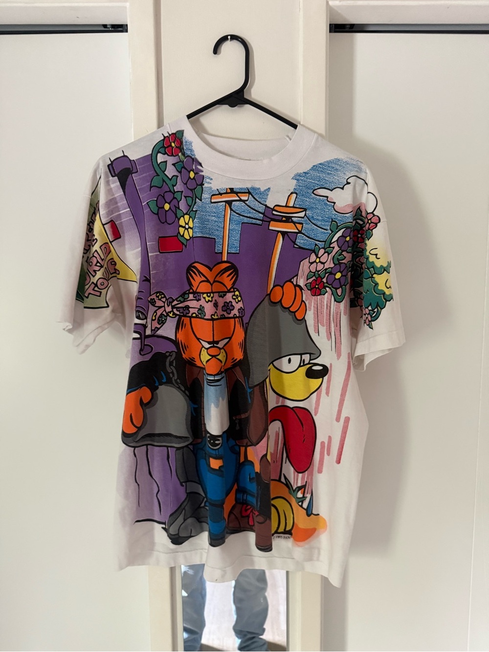 Vintage Single Stitch AOP Garfield Biker Tee Shirt Men’s Large
